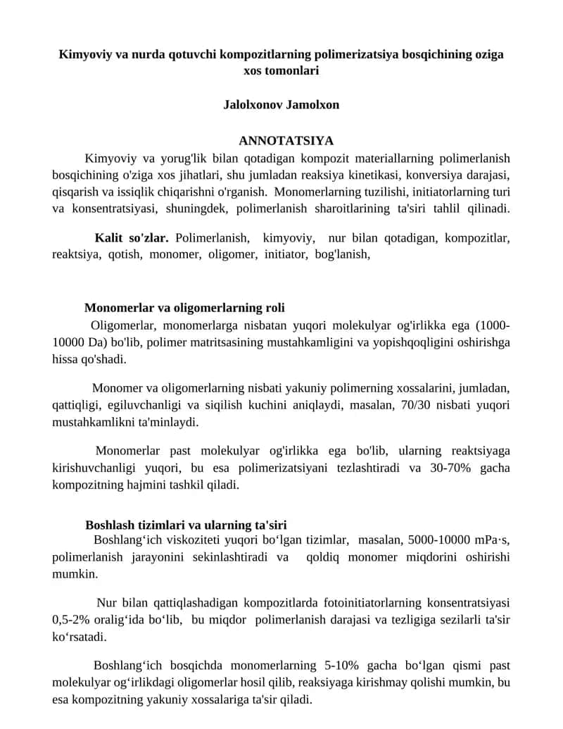 Monomerlar va oligomerlarning roli