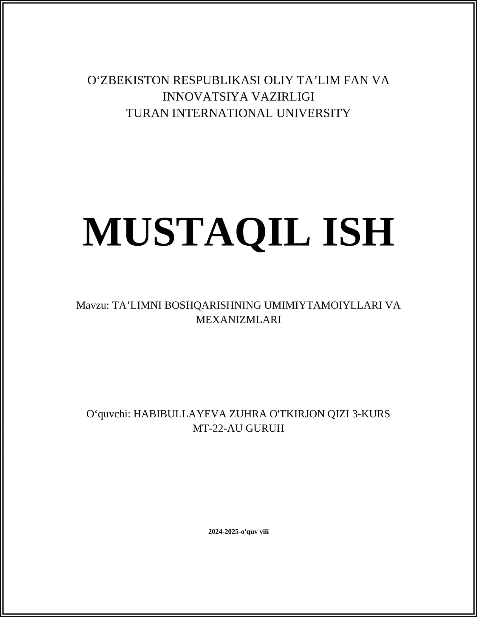 TA’LIMNI BOSHQARISHNING UMIMIYTAMOIYLLARI VA MEXANIZMLARI