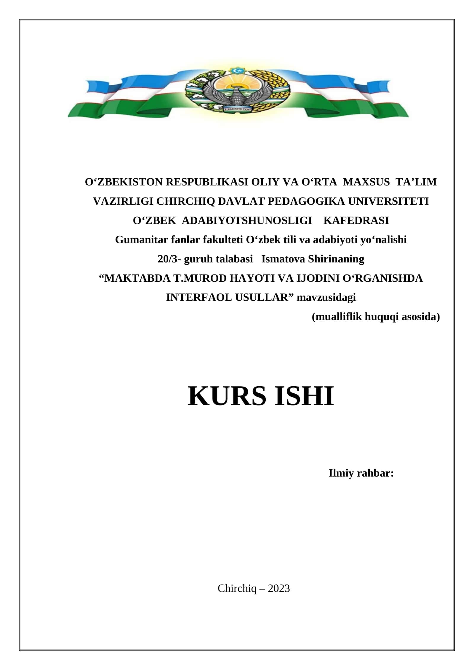 MAKTABDA T.MUROD HAYOTI VA IJODINI O‘RGANISHDA INTERFAOL USULLAR