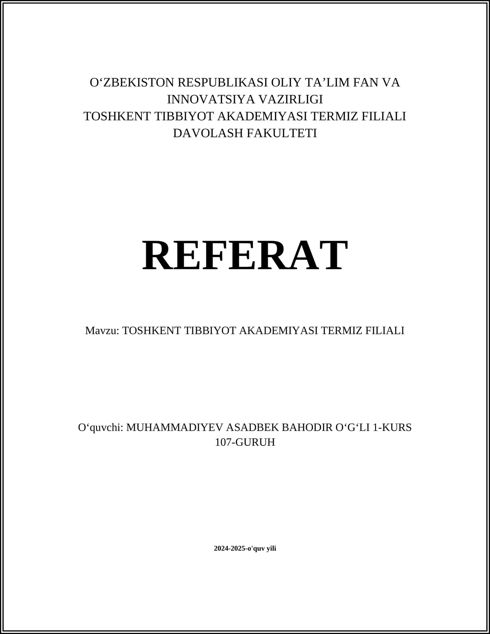 Toshkent Tibbiyot Akademiyasi Termiz Filiali