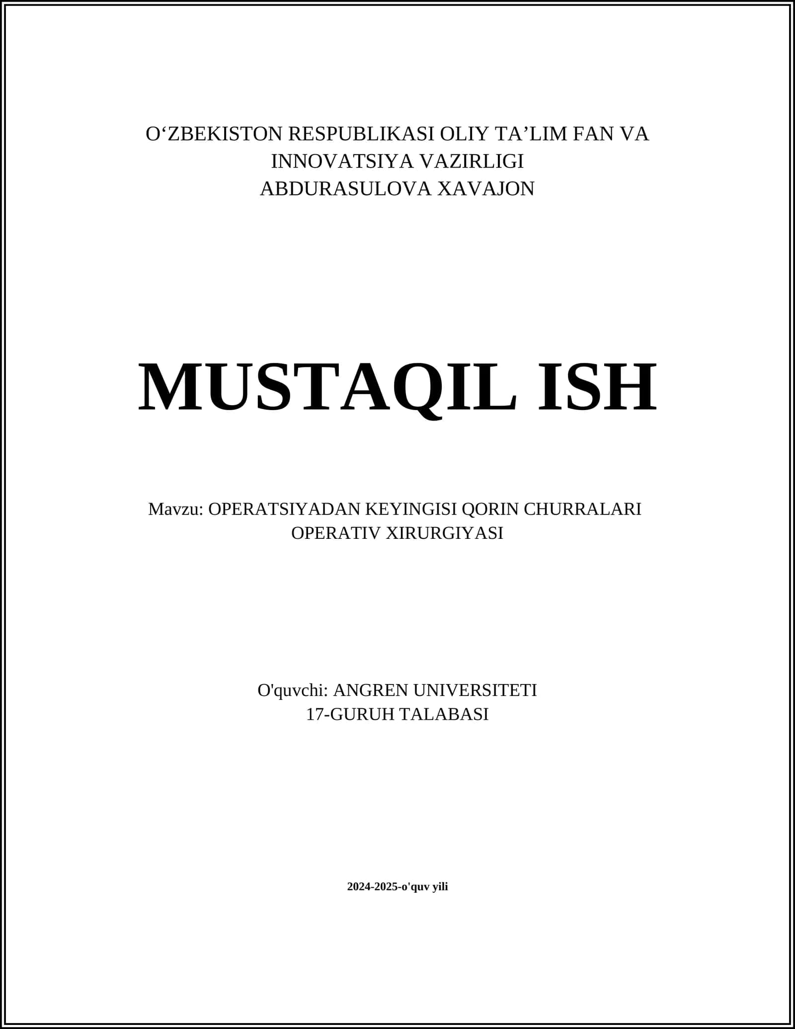 OPERATSIYADAN KEYINGISI QORIN CHURRALARI OPERATIV XIRURGIYASI
