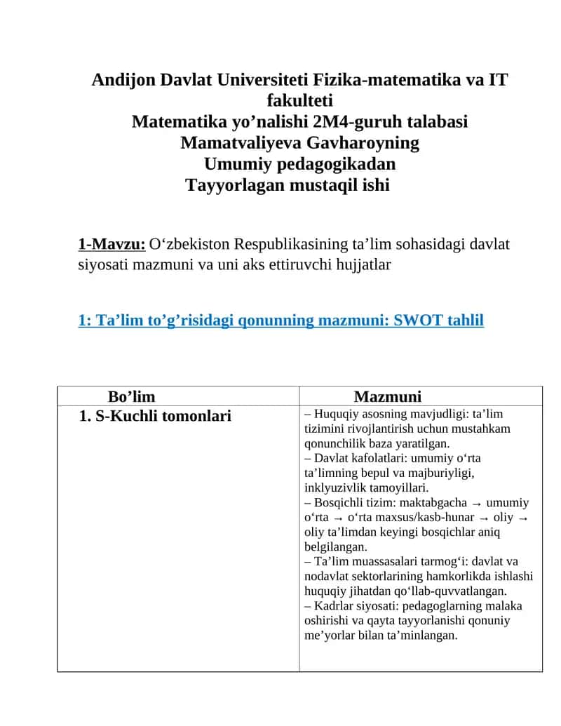 O‘zbekiston Respublikasining Ta’lim Siyosati