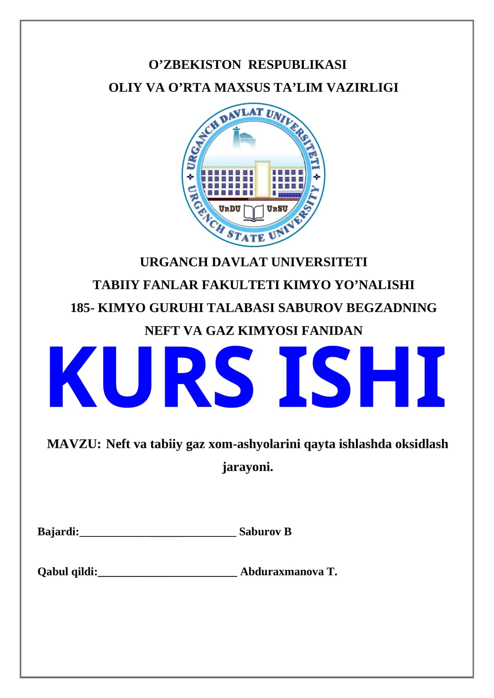 Neft va gaz kimyosi fanidan kurs ishi