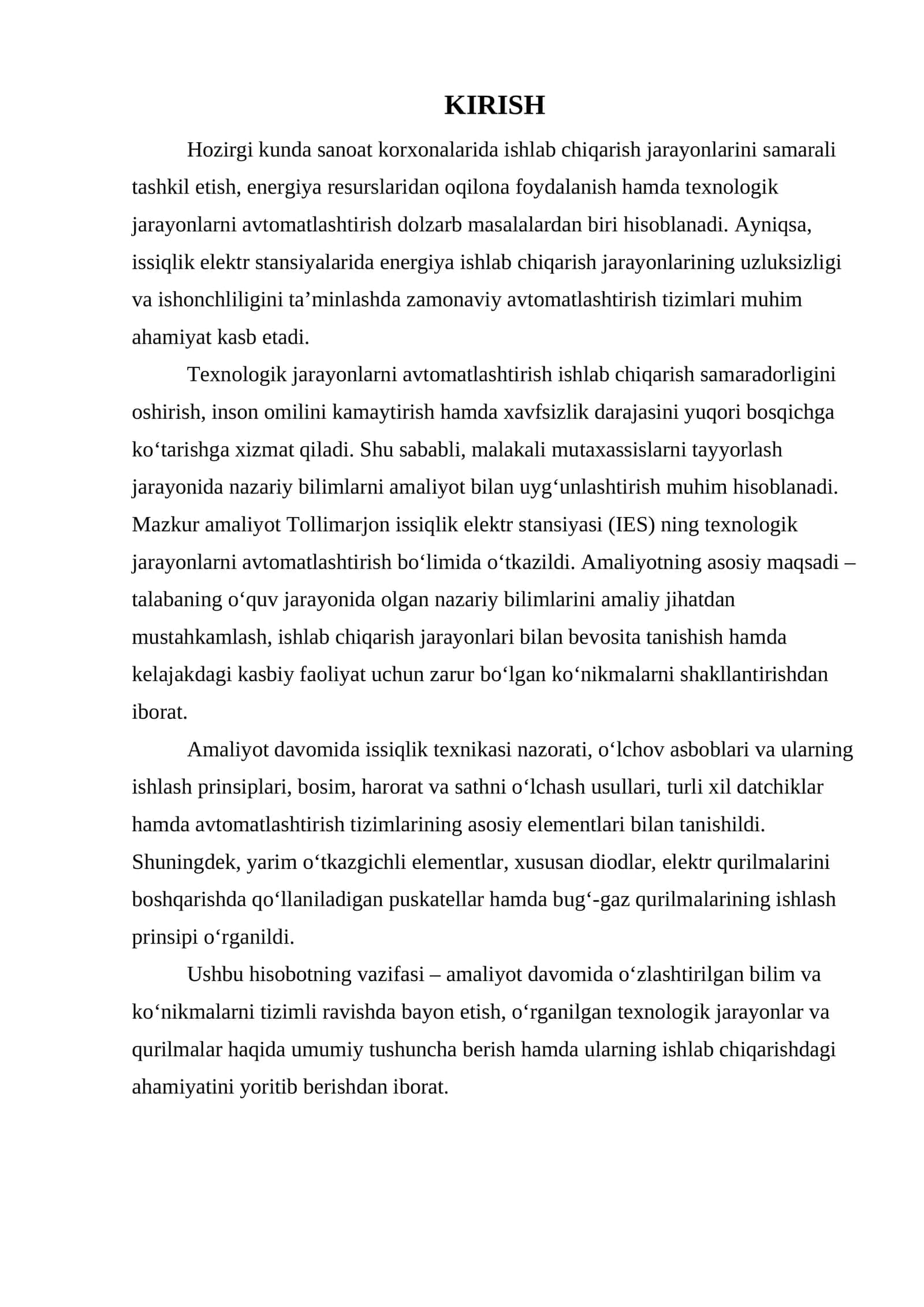 Elektr stansiyalarida amaliyot bo'yicha hisobot