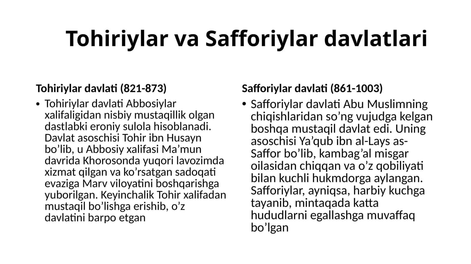 Tohiriylar va Safforiylar davlatlari