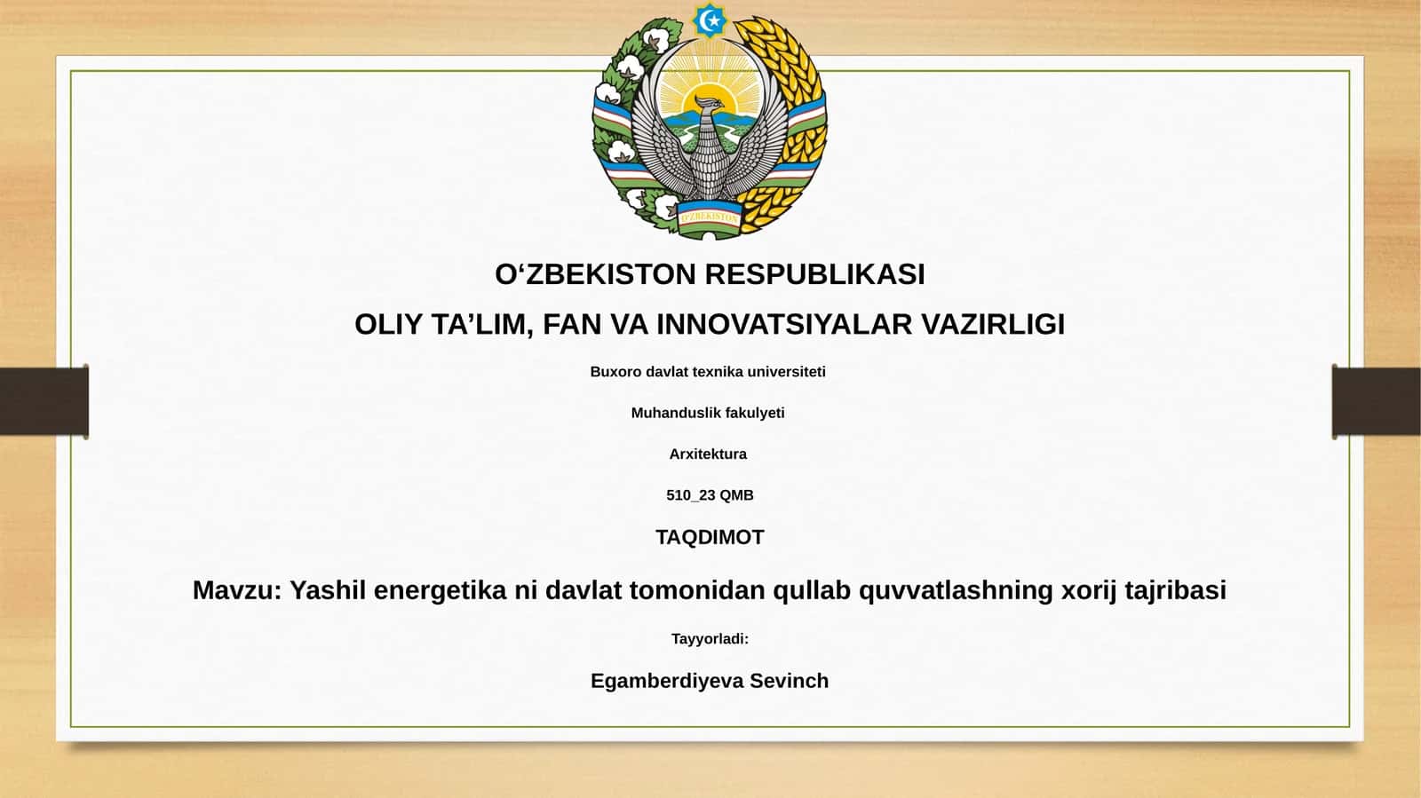 Yashil energetika ni davlat tomonidan qullab quvvatlashning xorij tajribasi