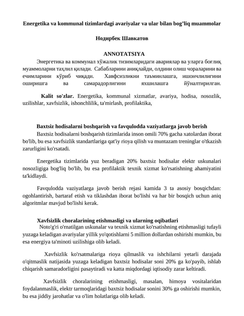 Energetika va kommunal tizimlardagi avariyalar va ular bilan bog’liq muammolar