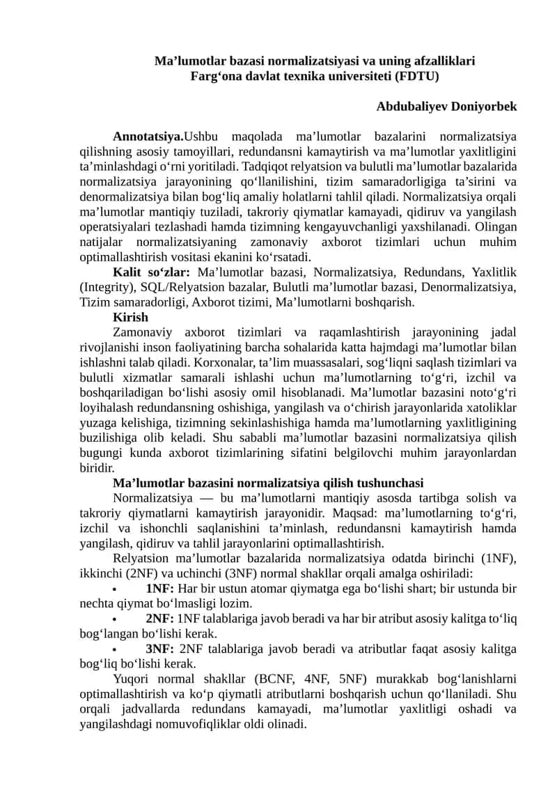 Ma’lumotlar bazasi normalizatsiyasi va uning afzalliklari