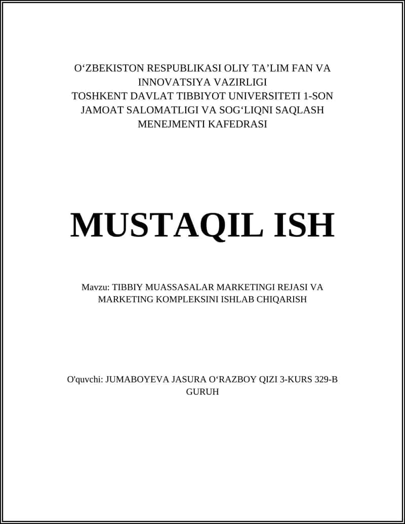 Tibbiy muassasalar marketingi rejasi