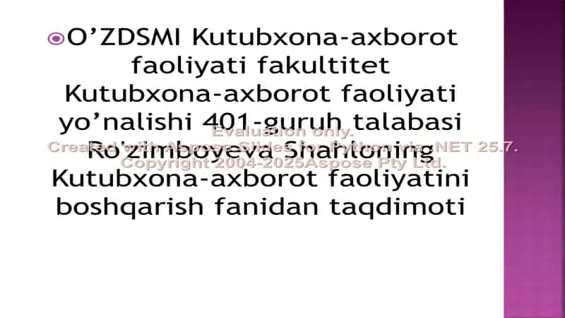 Kutubxona-axborot faoliyati yo'nalishi taqdimoti