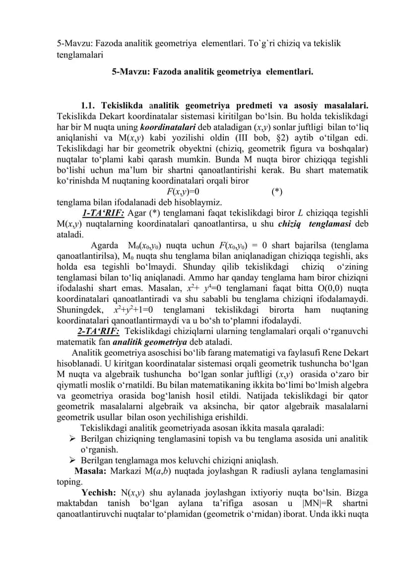 Fazoda analitik geometriya elementlari. To`g`ri chiziq va tekislik tenglamalari