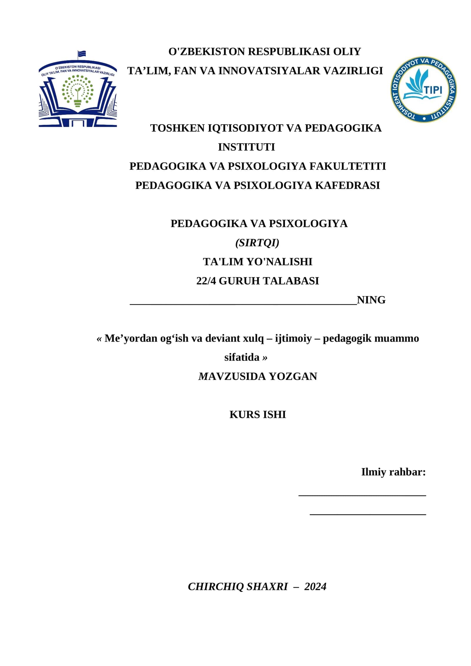 Me’yordan og‘ish va deviant xulq – ijtimoiy – pedagogik muammo sifatida
