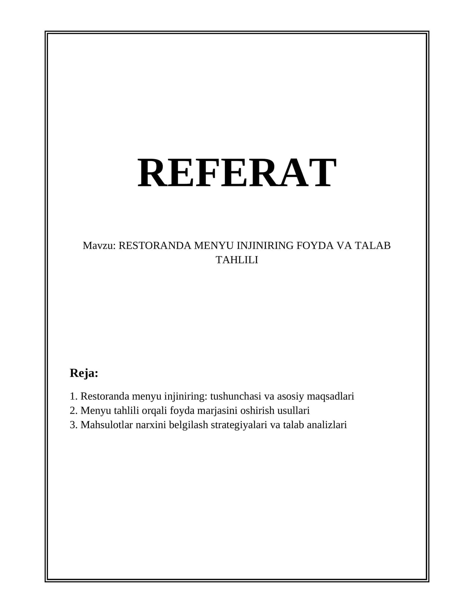 RESTORANDA MENYU INJINIRING FOYDA VA TALAB TAHLILI