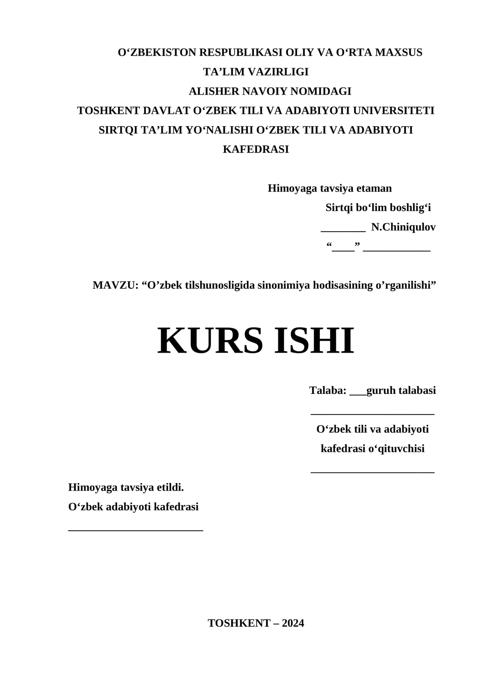 “O’zbek tilshunosligida sinonimiya hodisasining o’rganilishi” kurs ishi