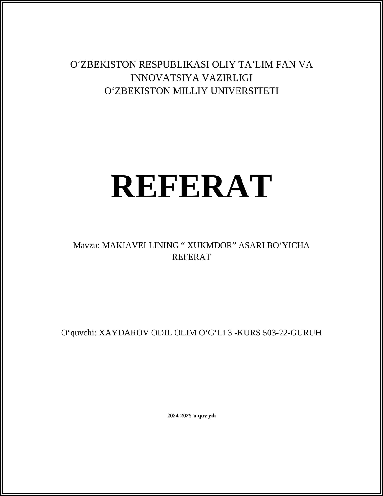 MAKIAVELLINING “ XUKMDOR” ASARI BOʻYICHA REFERAT