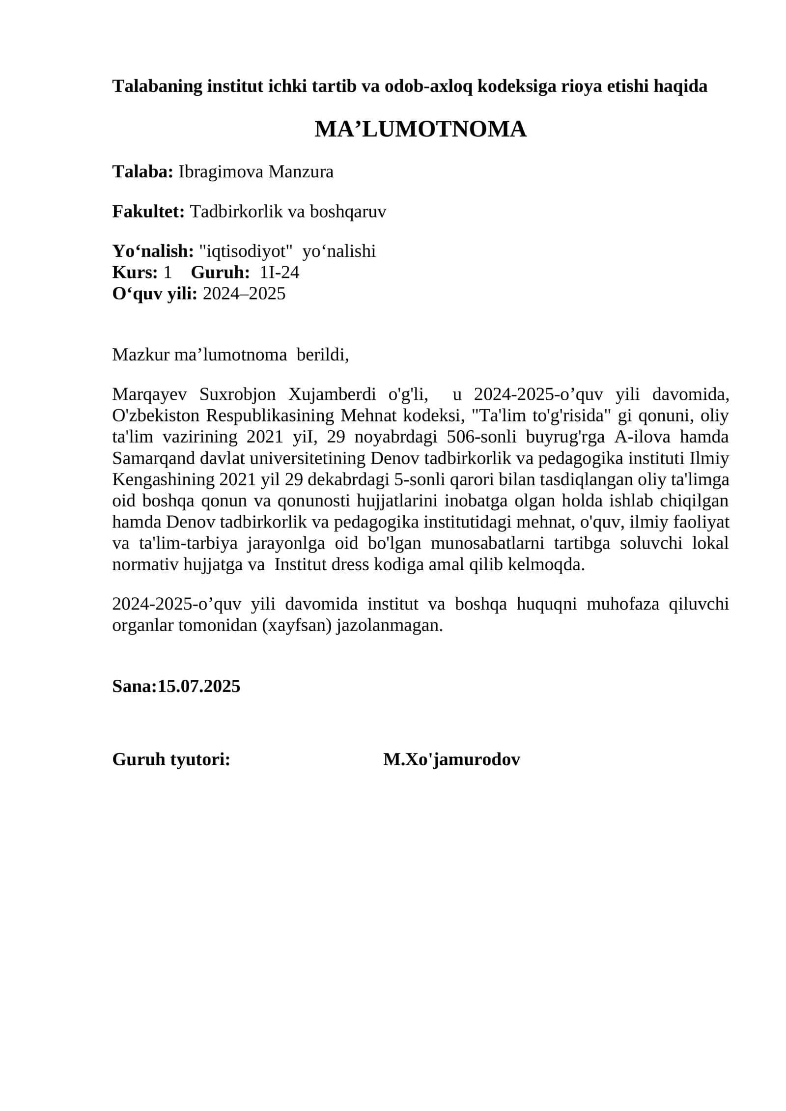 Talabaning institut ichki tartib va odob-axloq kodeksiga rioya etishi haqida