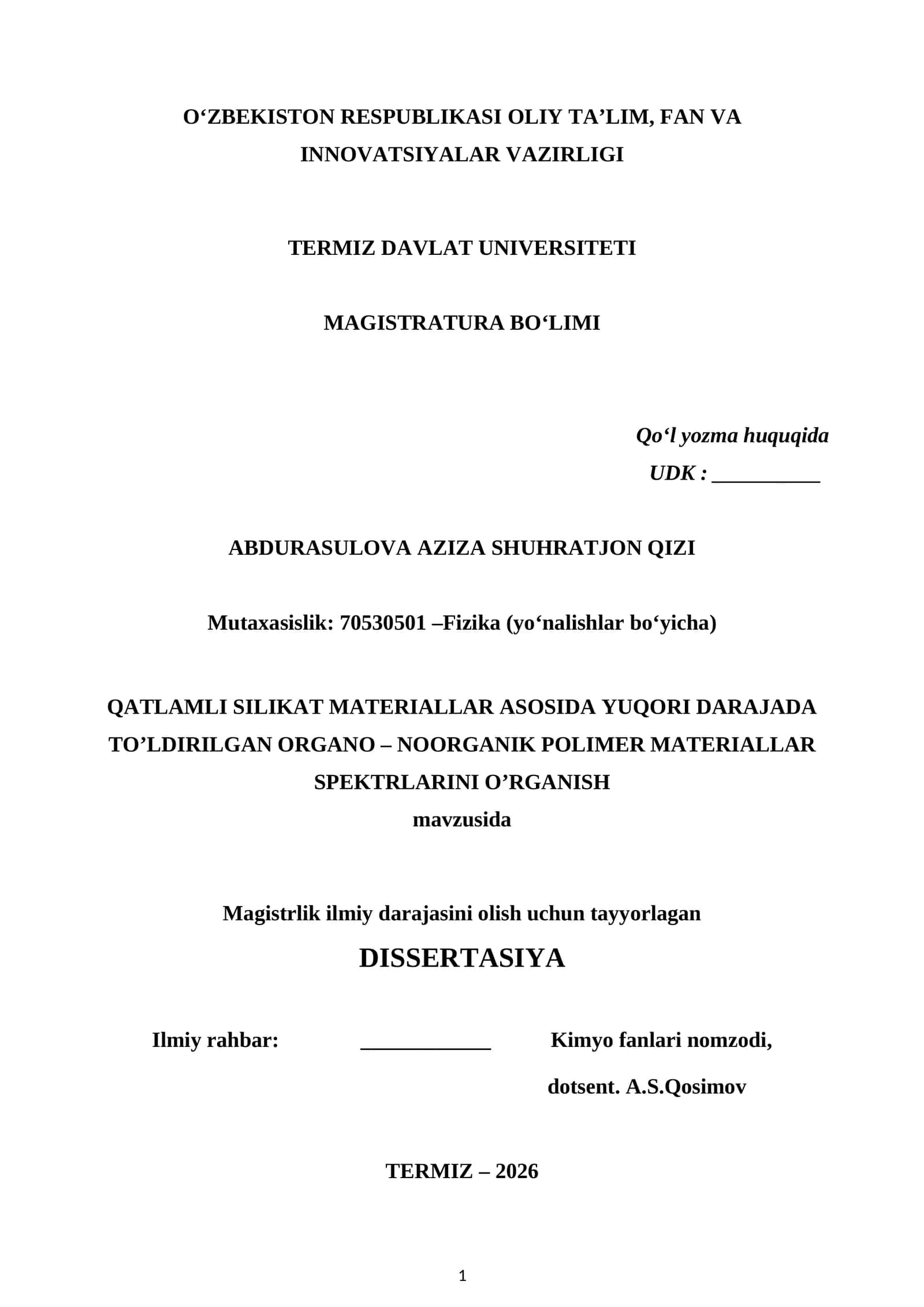 QATLAMLI SILIKAT MATERIALLAR ASOSIDA YUQORI DARAJADA TO’LDIRILGAN ORGANO – NOORGANIK POLIMER MATERIALLAR SPEKTRLARINI O’RGANISH