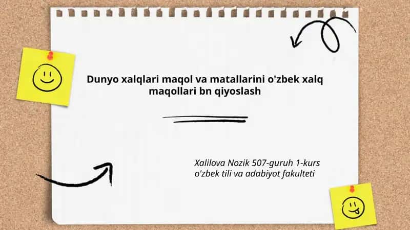 Dunyo xalqlari maqol va matallarini o'zbek xalq maqollari bn qiyoslash