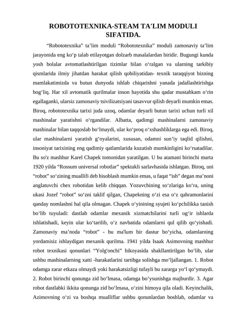 Robototexnika-STEAM Ta'lim Moduli