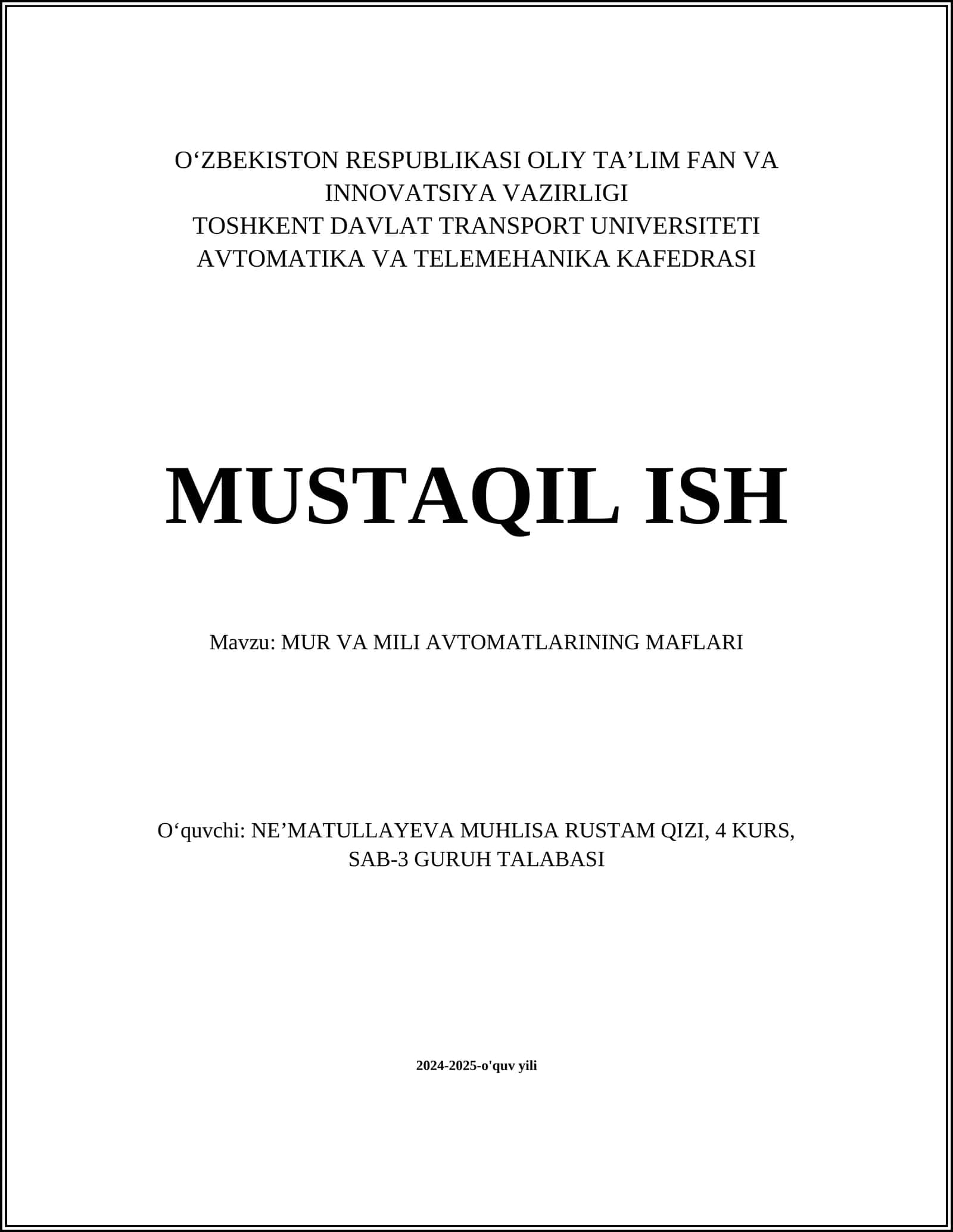 MUR VA MILI AVTOMATLARINING MAFLARI