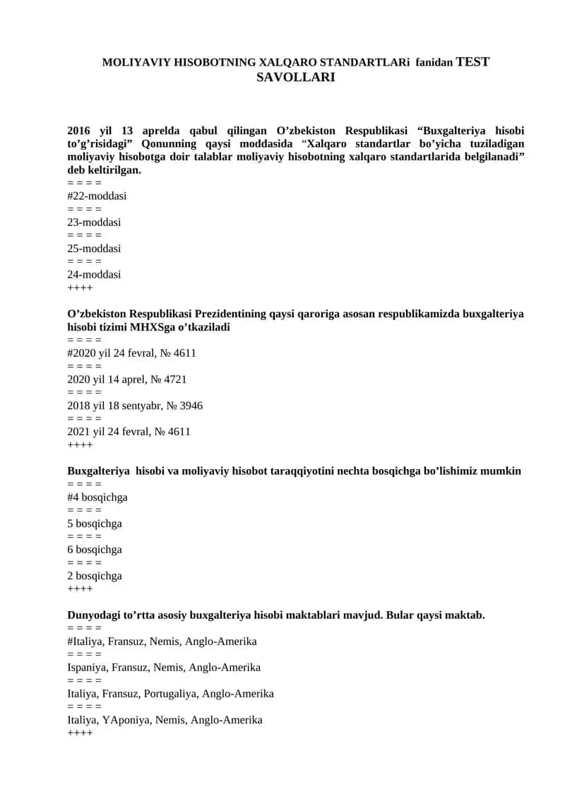 MOLIYAVIY HISOBOTNING XALQARO STANDARTLARi fanidan TEST SAVOLLARI