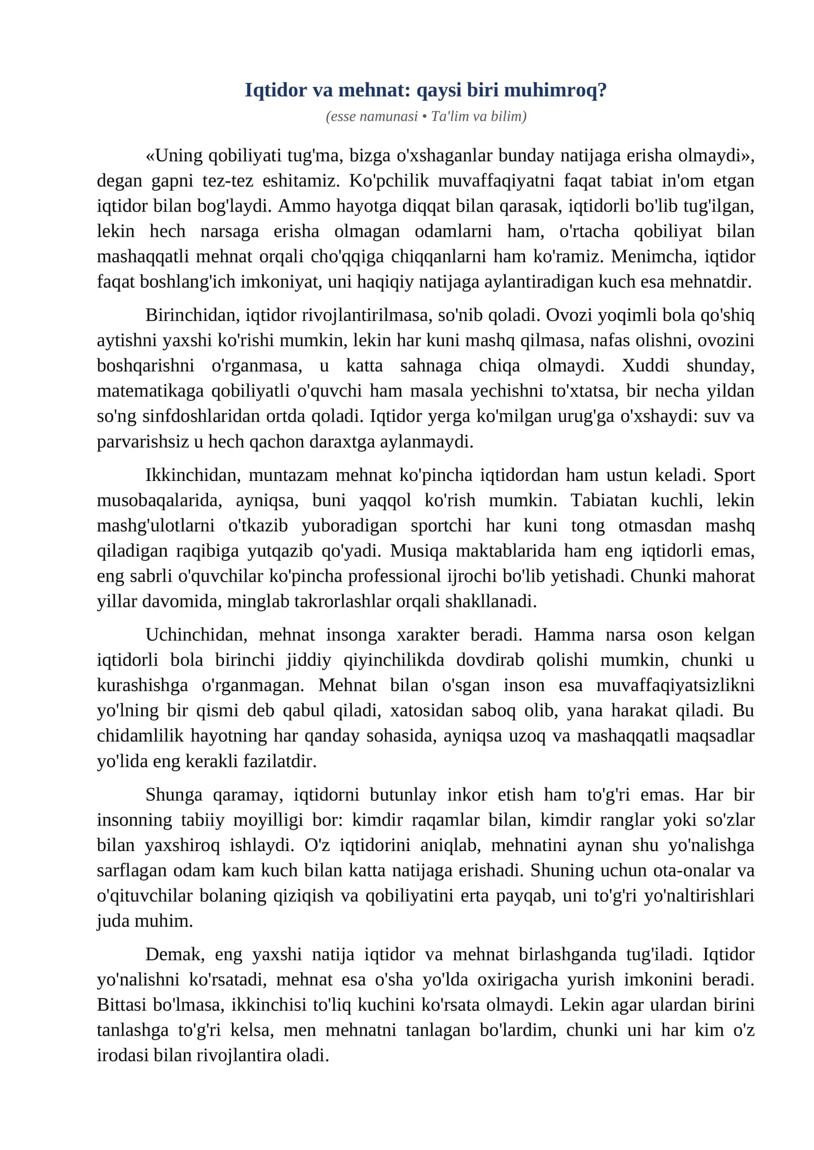 Esse Iqtidor va mehnat qaysi biri muhimroq