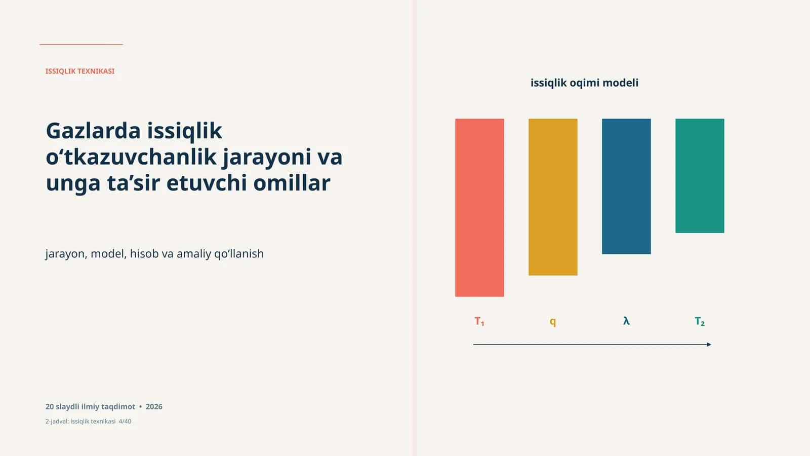 Issiqlik texnikasi •20 slaydli ilmiy taqdimot on issiqlik texnikasi, model, va amaliy qo‘llanish jarayonlari va omillarini tushunish uchun Gazlarda issiqlik o‘tkazuvchanlik jarayoni va unga ta’sir etuvchi omillar