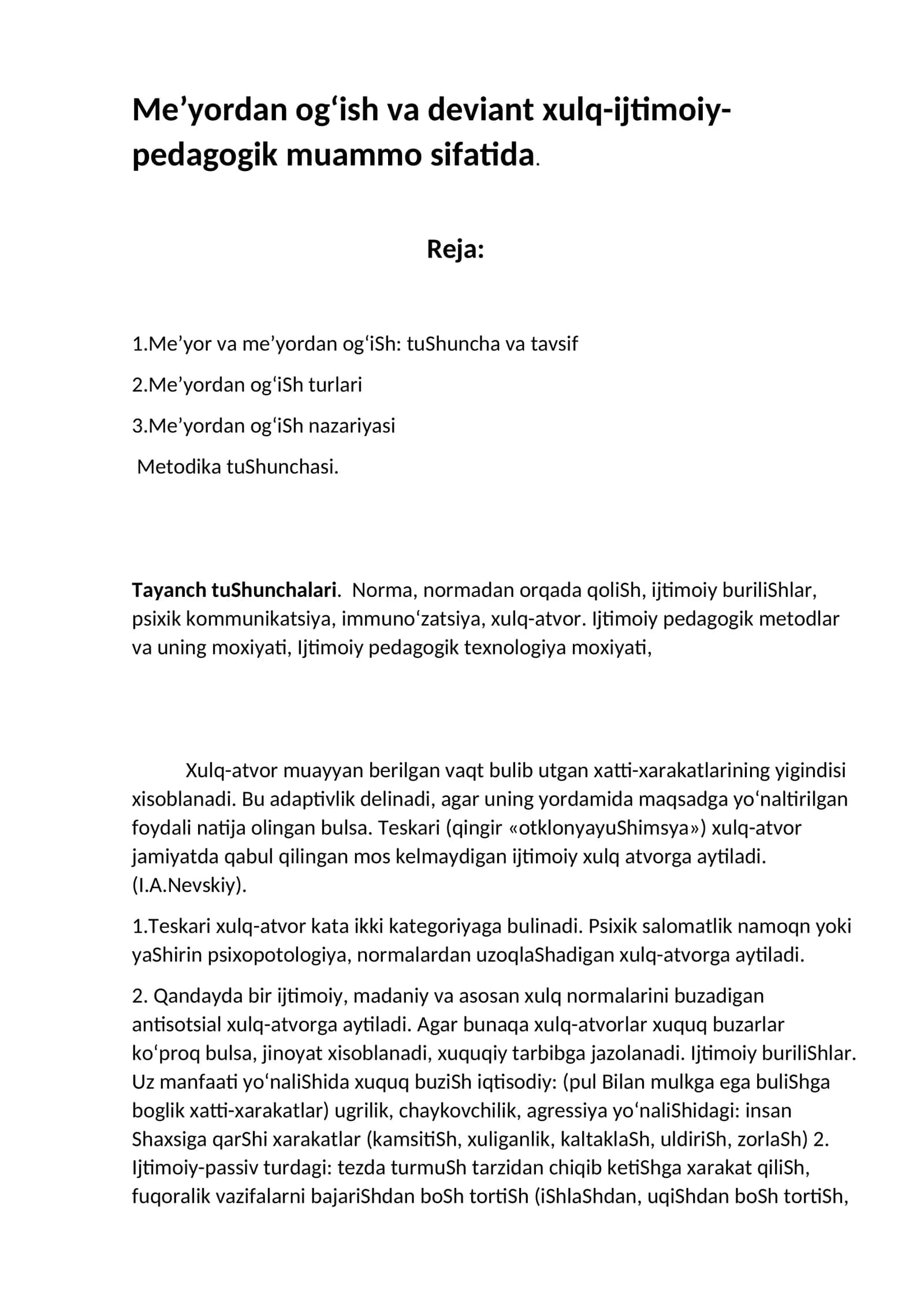 Me’yordan og‘ish va deviant xulq-ijtimoiy-pedagogik muammo sifatida