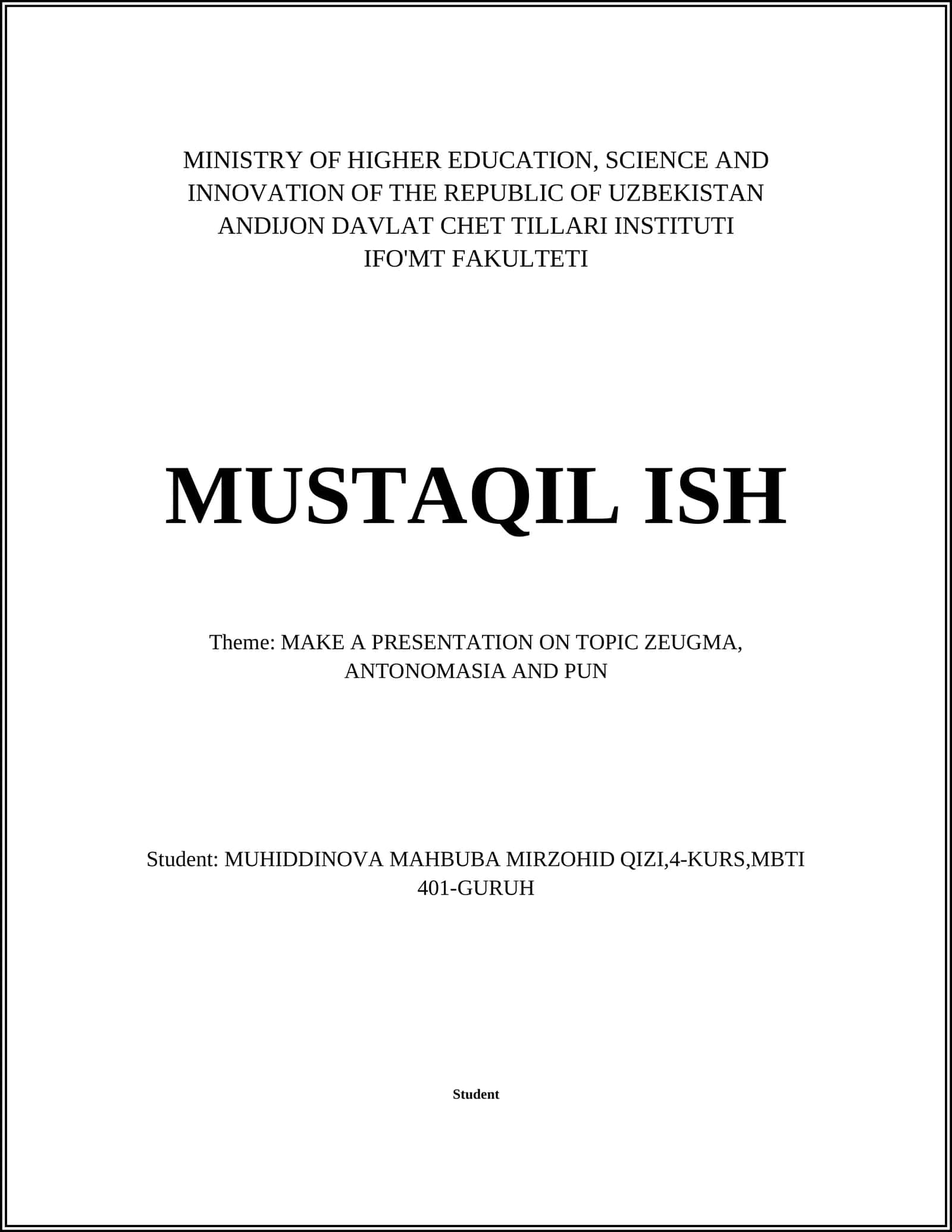 IFO'MT FAKULTETI MUSTAQIL ISH