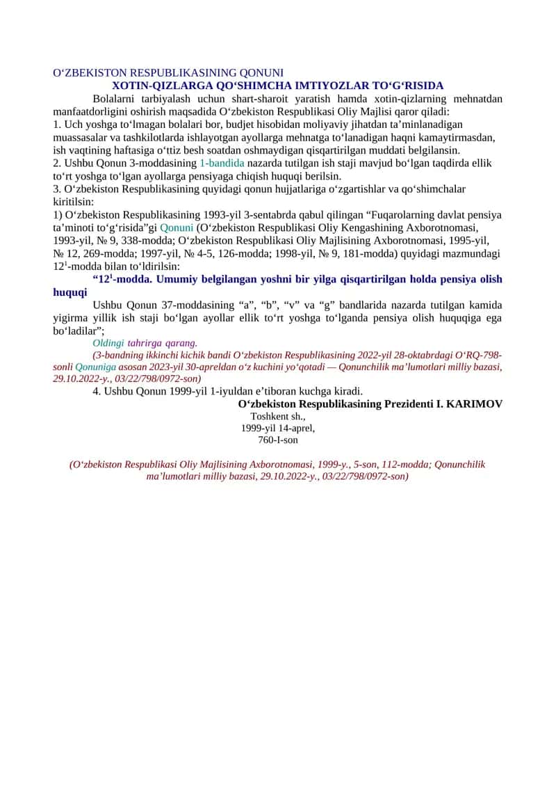 XOTIN-QIZLARGA QO‘SHIMCHA IMTIYOZLAR TO‘G‘RISIDA