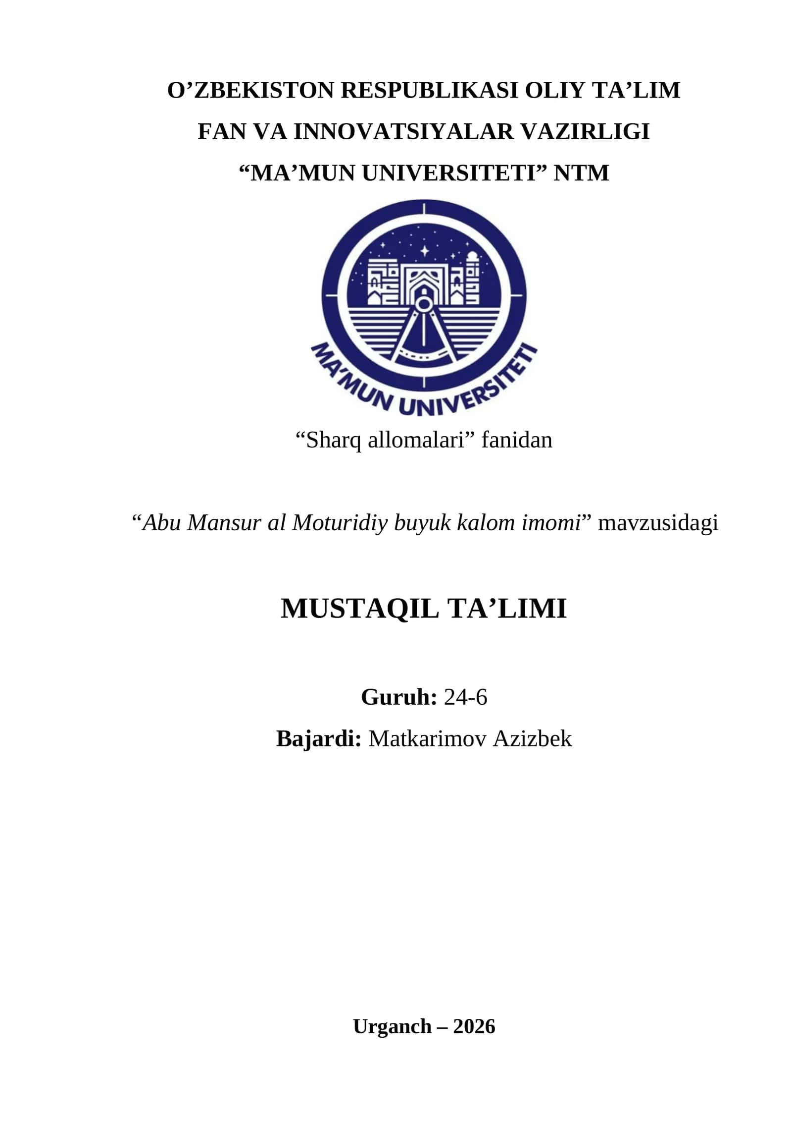 Abu Mansur al Moturidiy buyuk kalom imomi