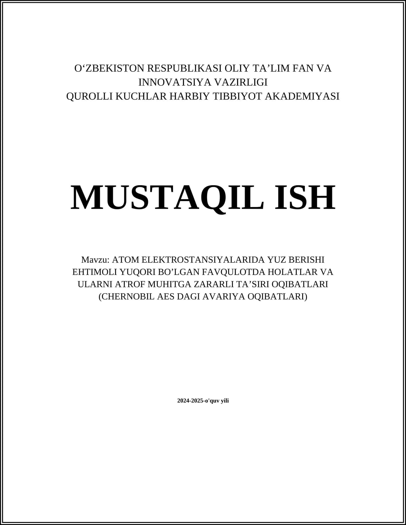 ATOM ELEKTROSTANSIYALARIDA YUZ BERISHI EHTIMOLI YUQORI BO’LGAN FAVQULOTDA HOLATLAR VA ULARNI ATROF MUHITGA ZARARLI TA’SIRI OQIBATLARI (CHERNOBIL AES DAGI AVARIYA OQIBATLARI)