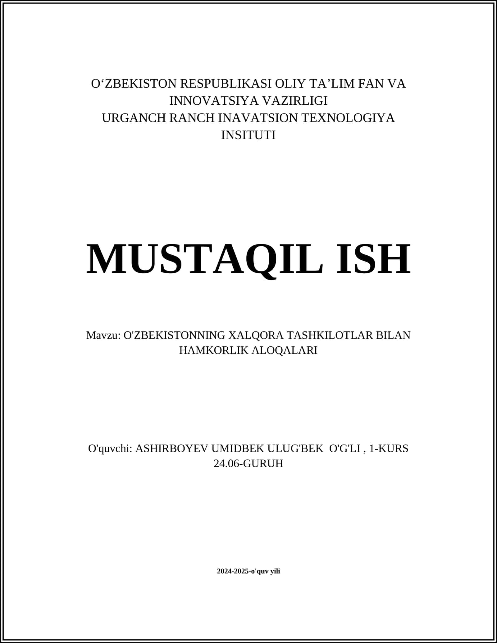 O'ZBEKISTONNING XALQORA TASHKILOTLAR BILAN HAMKORLIK ALOQALARI