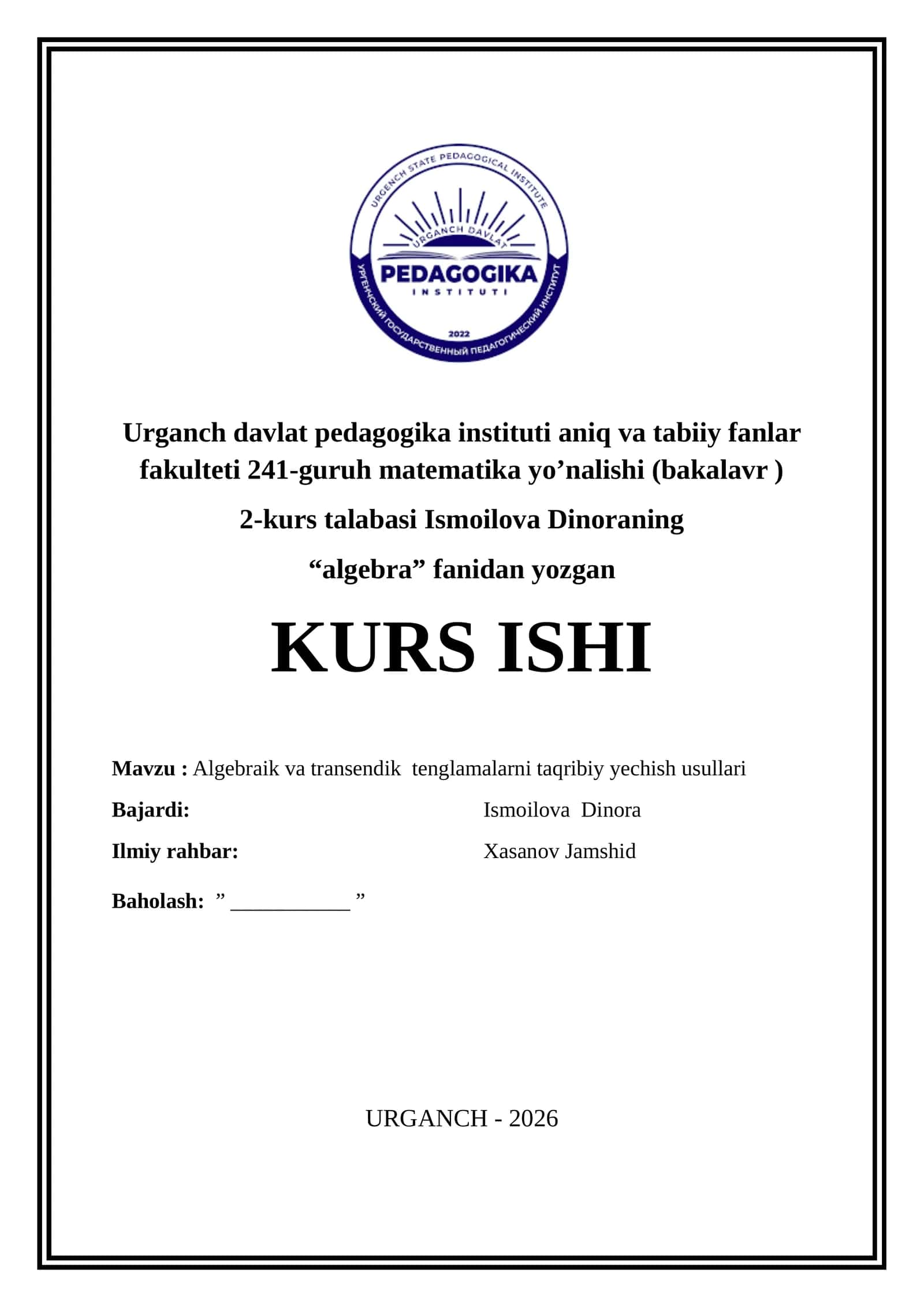 Algebraik va transendik tenglamalarni taqribiy yechish usullari