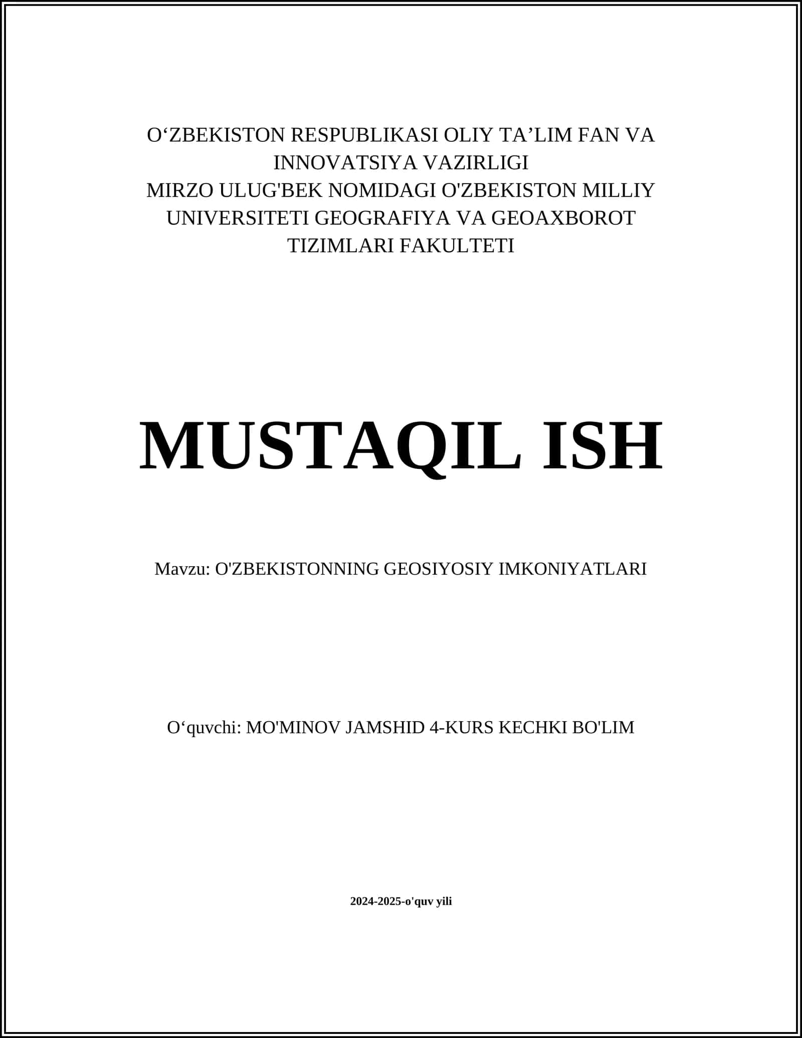O'ZBEKISTONNING GEOSIYOSIY IMKONIYATLARI