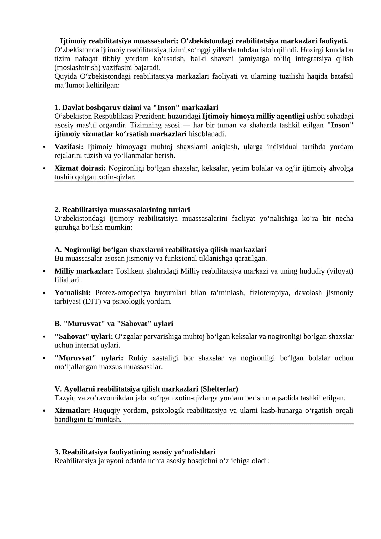 Ijtimoiy reabilitatsiya muassasalari: O'zbekistondagi reabilitatsiya markazlari faoliyati