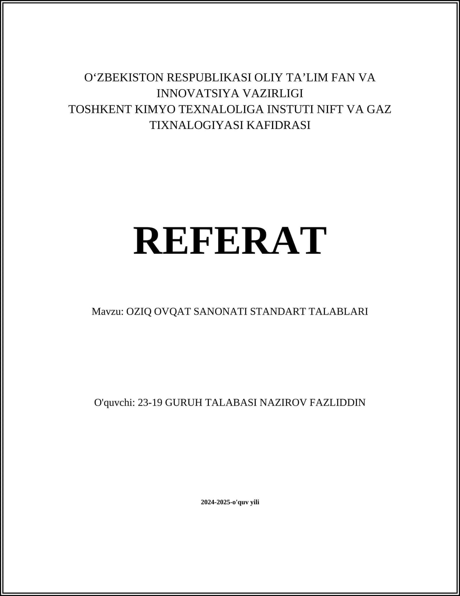 OZIQ OVQAT SANONATI STANDART TALABLARI