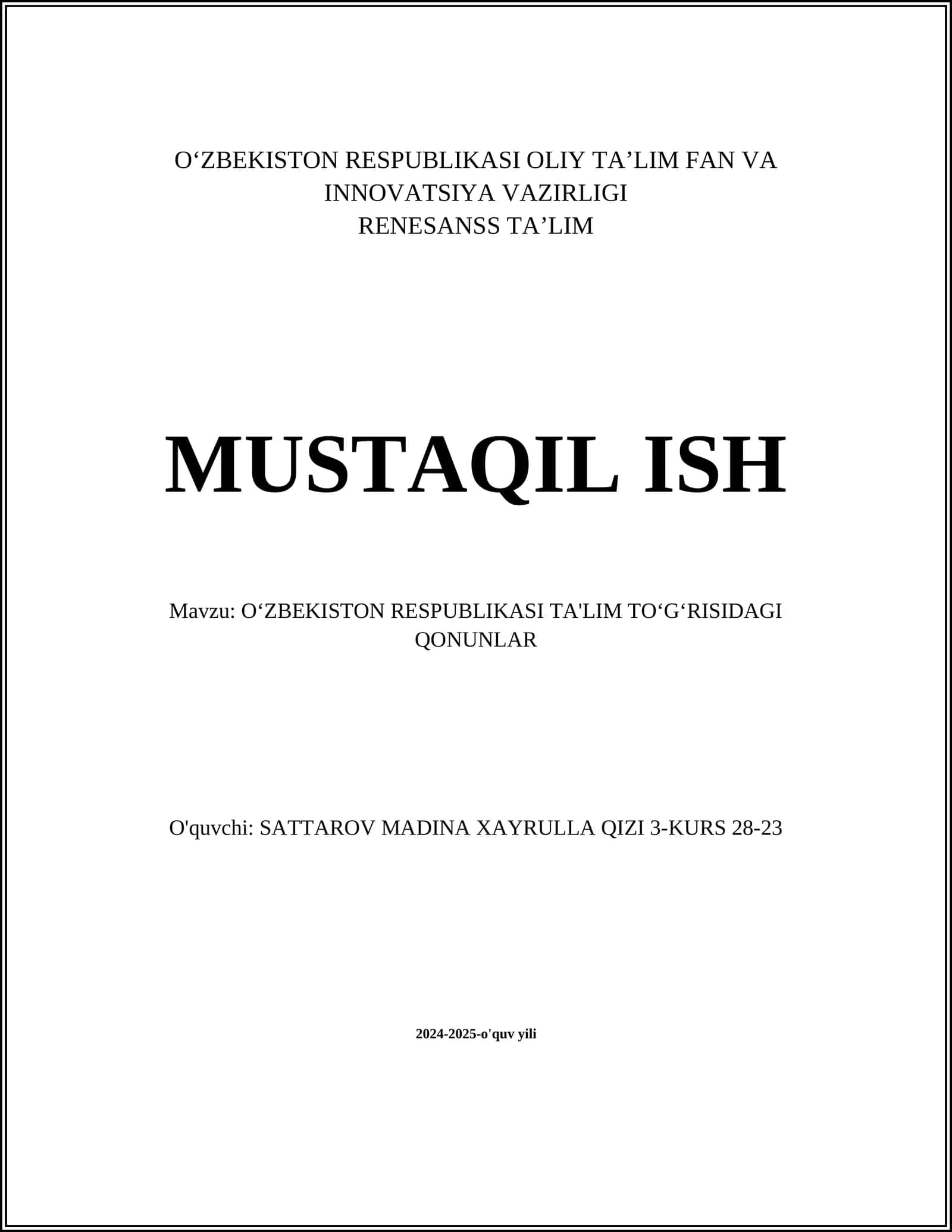 Oʻzbekiston Respublikasi Ta'lim Toʻgʻrisidagi Qonunlar