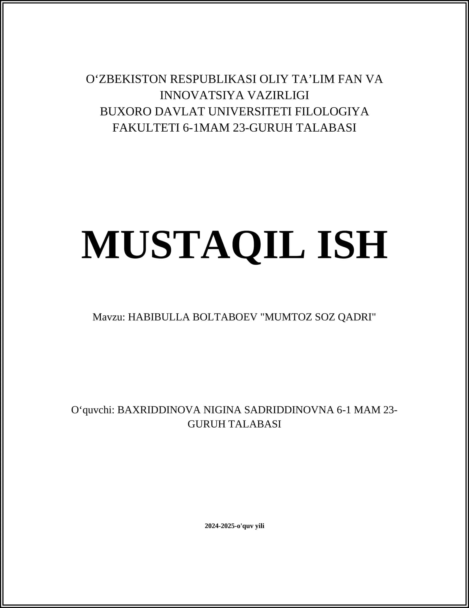HABIBULLA BOLTABOEV "MUMTOZ SOZ QADRI"