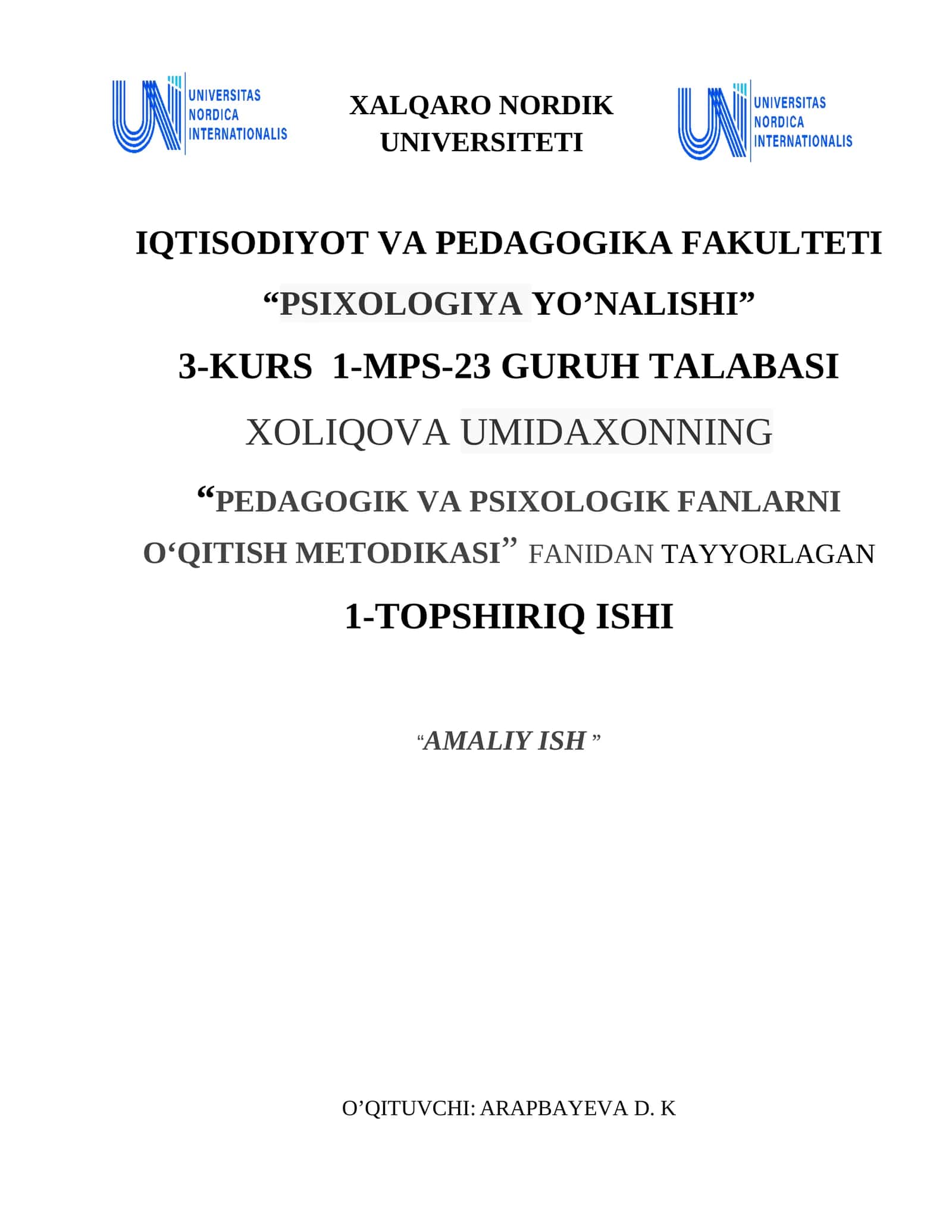 PEDAGOGIK VA PSIXOLOGIK FANLARNI O‘QITISH METODIKASI
