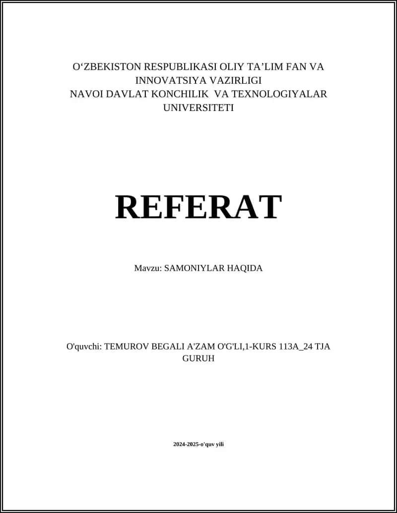 REFERAT Mavzu: SAMONIYLAR HAQIDA