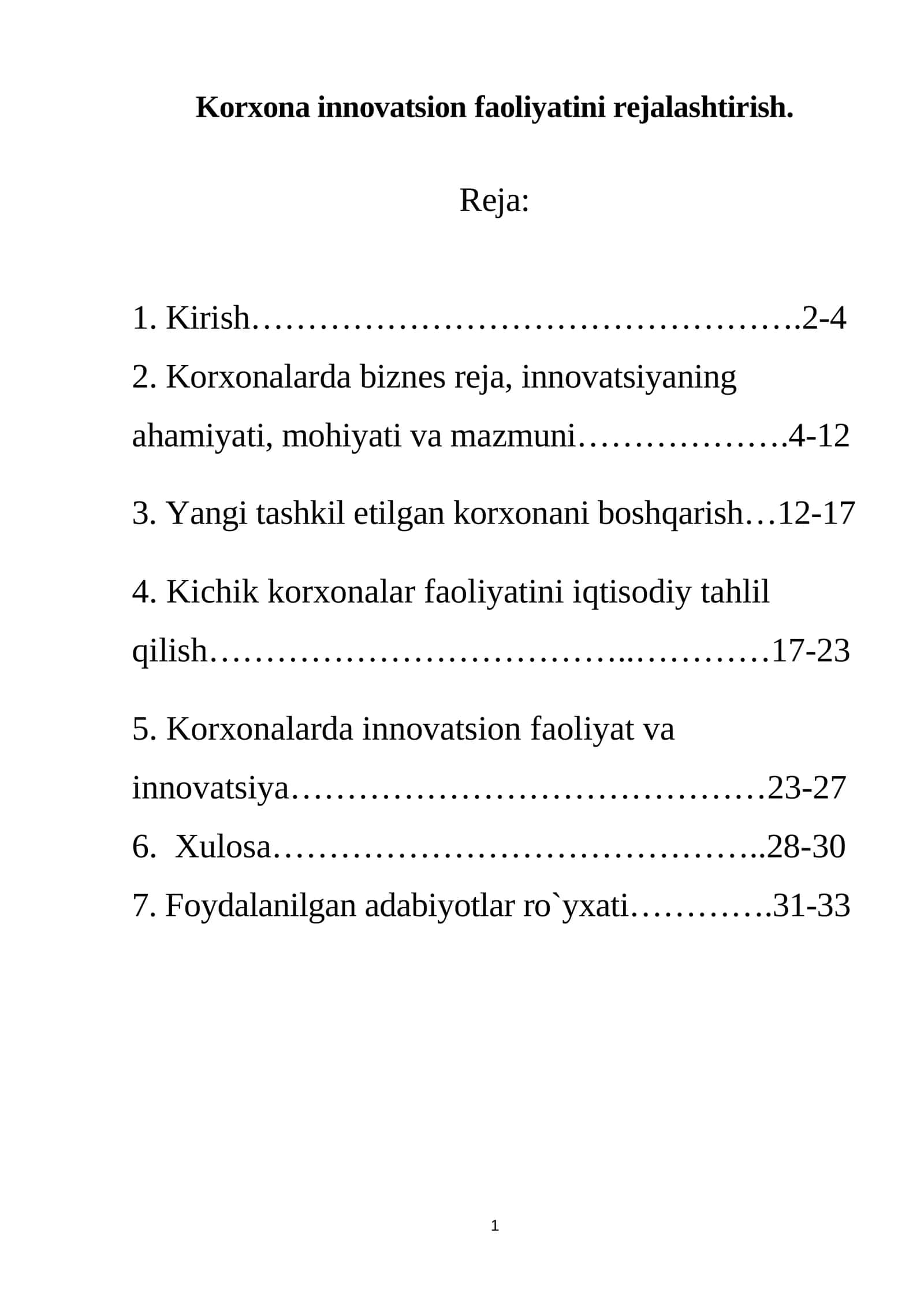 Korxona innovatsion faoliyatini rejalashtirish