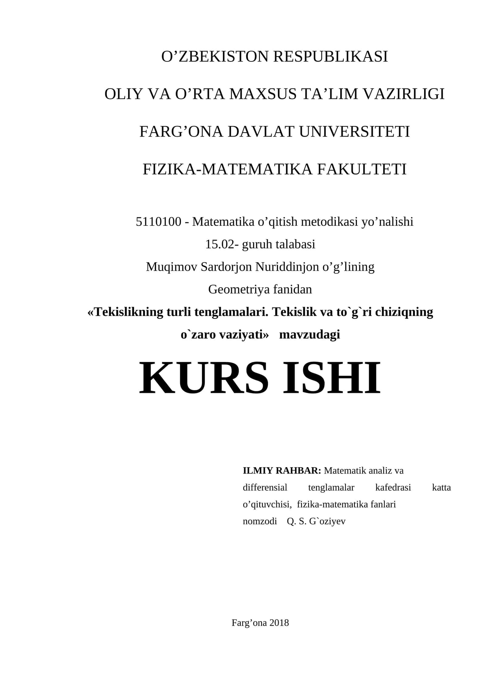 Tekislikning turli tenglamalari. Tekislik va to`g`ri chiziqning o`zaro vaziyati