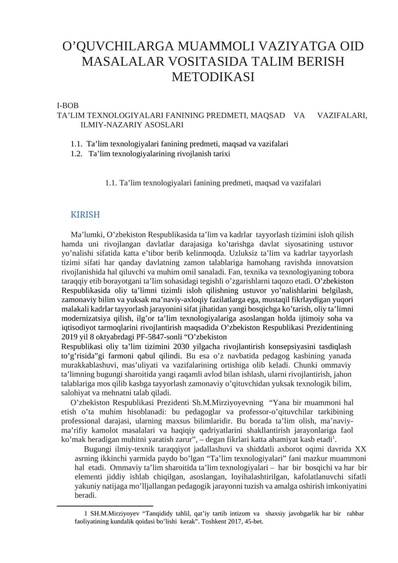 O'QUVCHILARGA MUAMMOLI VAZIYATGA OID MASALALAR VOSITASIDA TALIM BERISH METODIKASI