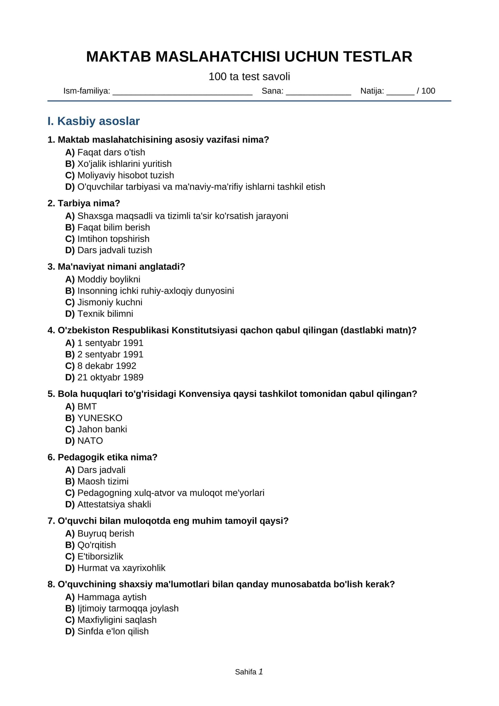 MAKTAB MASLAHATCHISI UCHUN TESTLAR