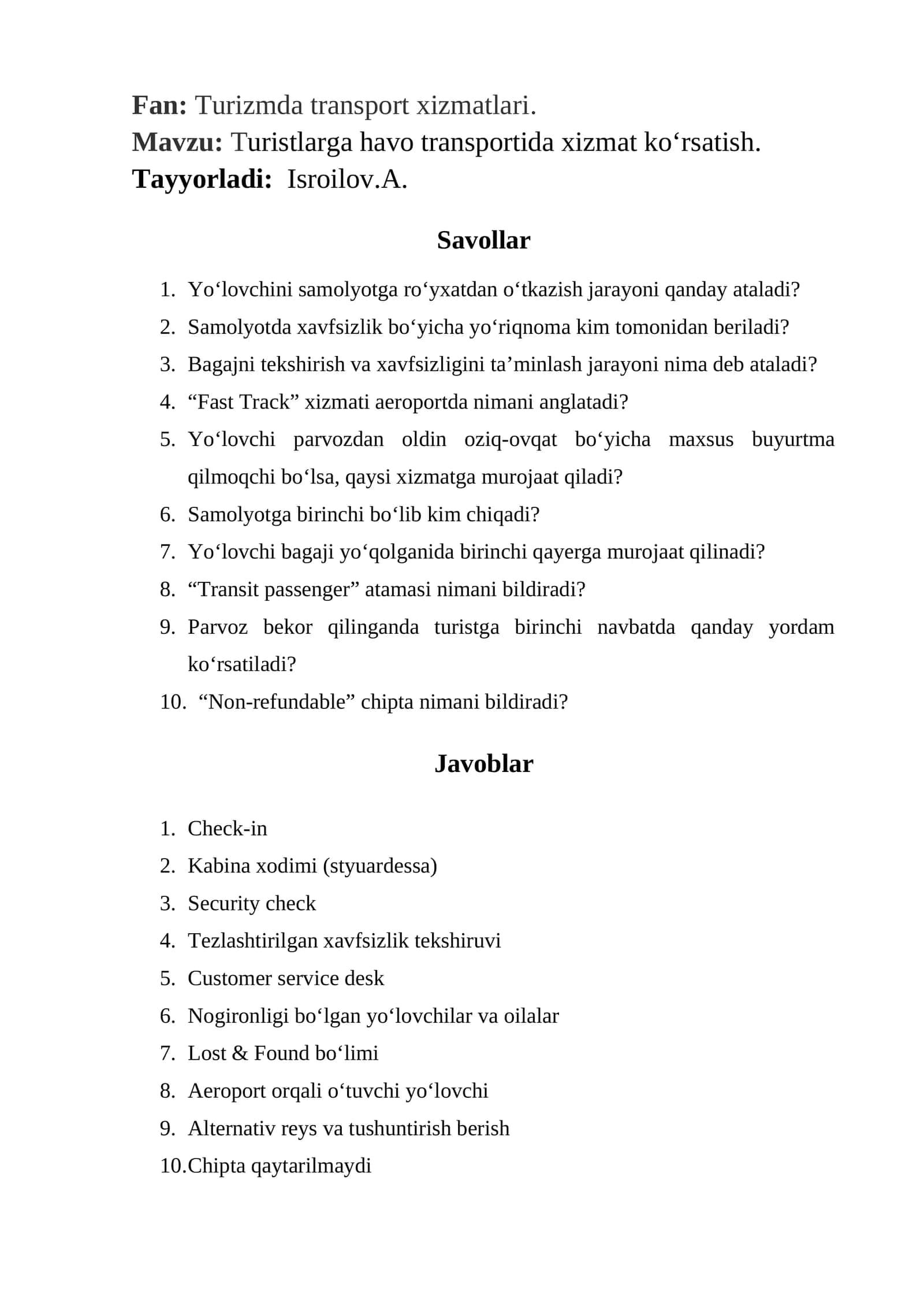 Turizmda transport xizmatlari