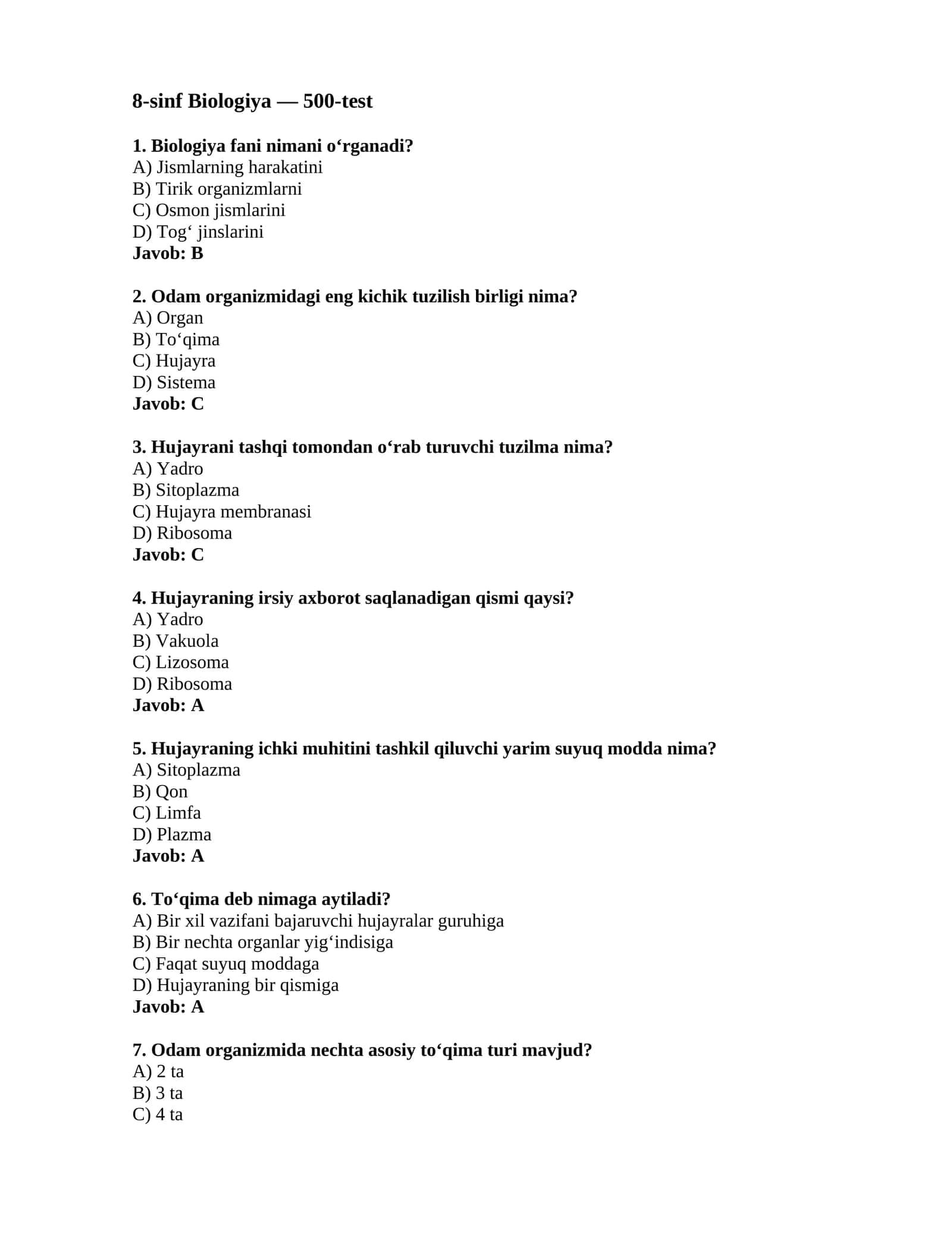 8-sinf Biologiya — 500-test