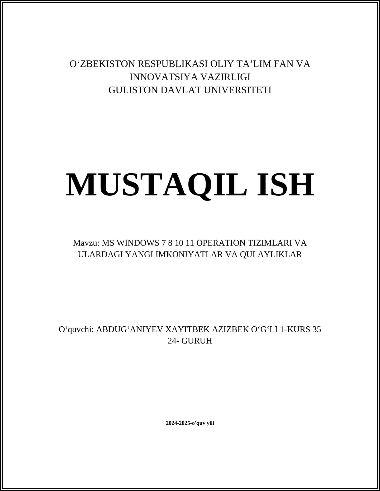 MS WINDOWS 7 8 10 11 OPERATION TIZIMLARI VA ULARDAGI YANGI IMKONIYATLAR VA QULAYLIKLAR