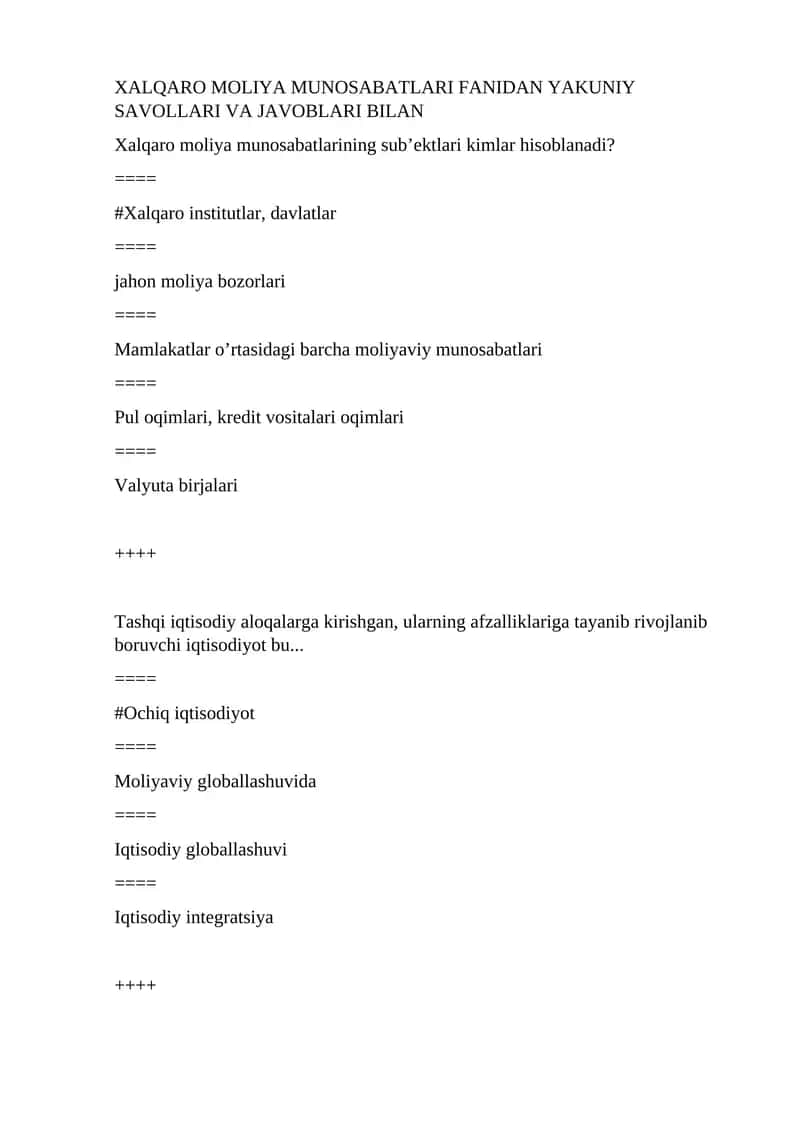Xalqaro moliya munosabatlari fanidan yakuniy savollari va javoblari bilan