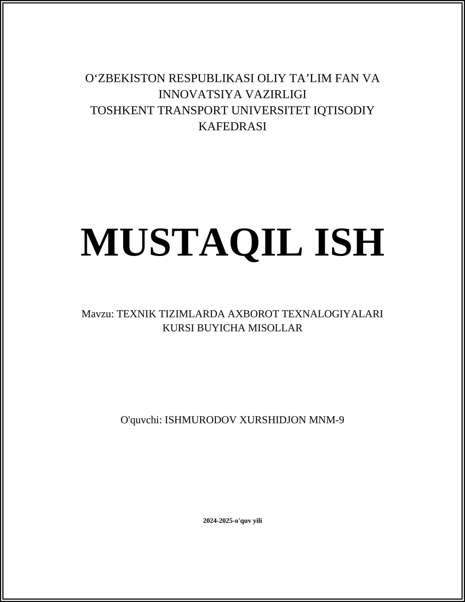 TEXNIK TIZIMLARDA AXBOROT TEXNALOGIYALARI KURSI
